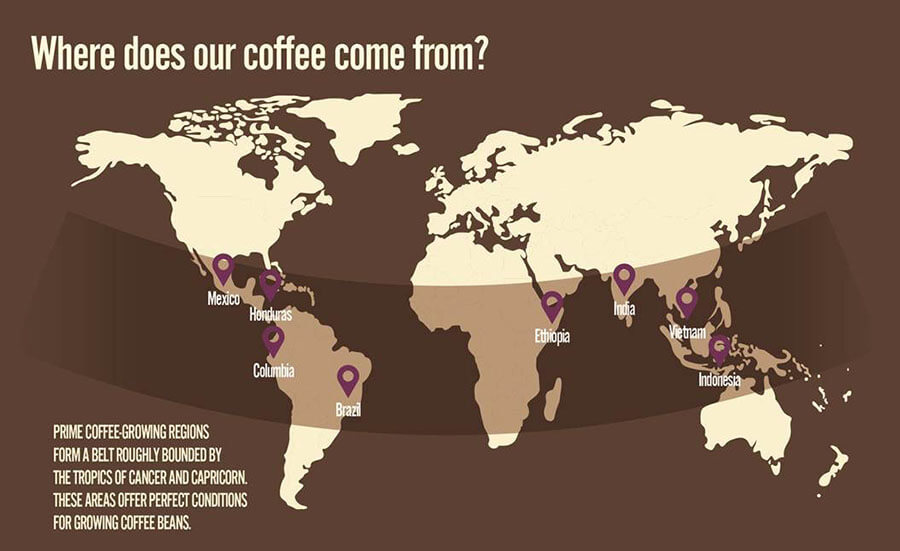 Bản đồ các nước trồng cà phê trên thế giới